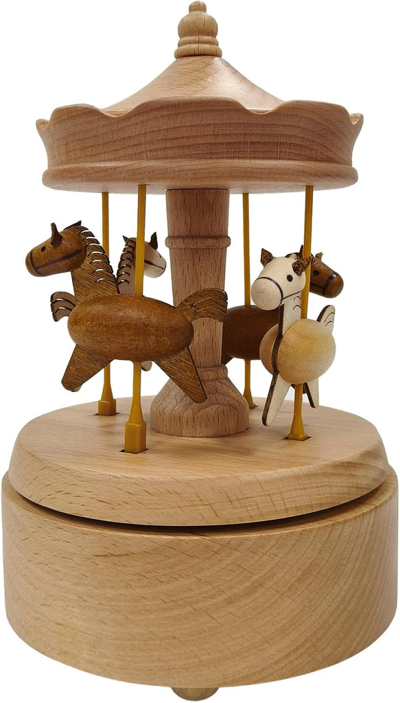 Wooden Carousel Music Box with Moving & Elevating Horses, Rotating Wind-Up Decor, Collectible Mechanical Musical Box