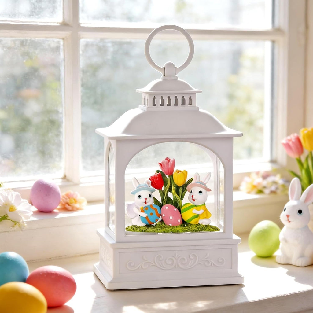 Easter Bunny Snow Globe, Easter Eggs Spring Snow Globe 6H Timer Glitter Lantern Easter Decorations (Bunny Eggs)