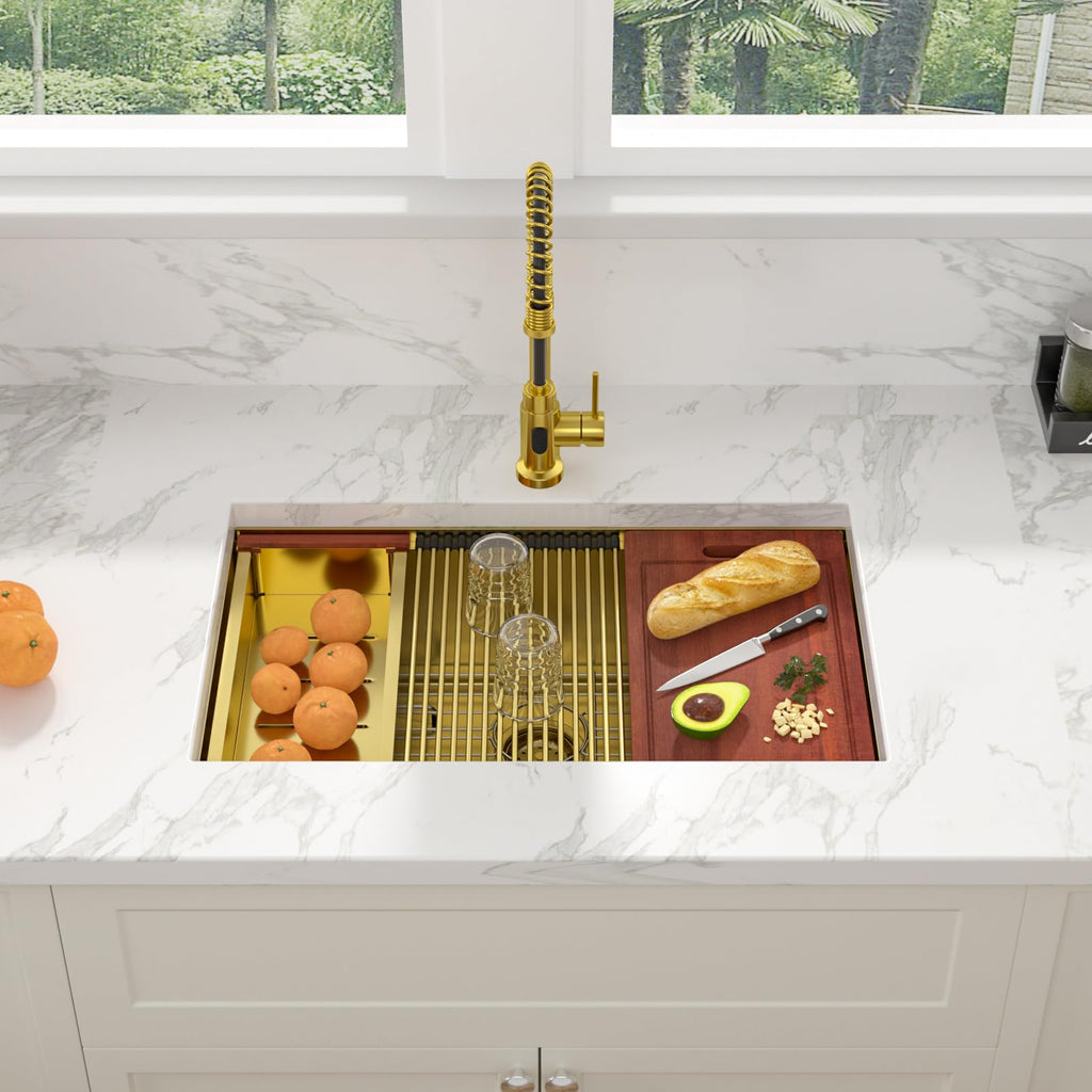 30 Inch Gold Undermount Kitchen Sink 30" x18" Gold Sinks Workstation