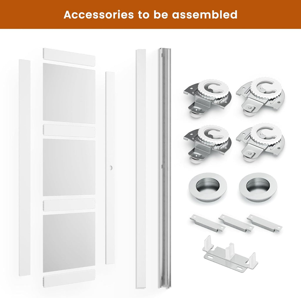 Sliding Closet Door, 72"×80"(Double Barn Doors 37"), Double Frosted 3 Panel Glass Sliding Door with 