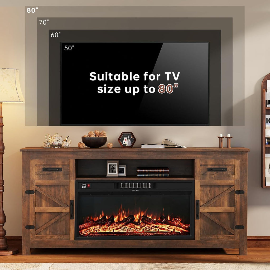 Fireplace TV Stand with Barn Door, 70 inch, Walnut