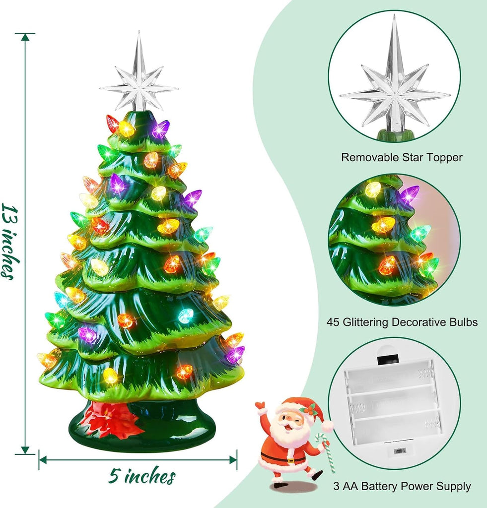 13 Inch Ceramic Christmas Tree, Pre-lit Tabletop Christmas Tree with Multicolored LED Lights, Battery Operated
