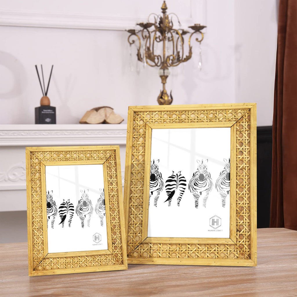Rattan 5x7 picture Frame, Wicker Boho Rustic Photo Frame, Vintage Cany Stand Table Top Desk (5x7 inch)