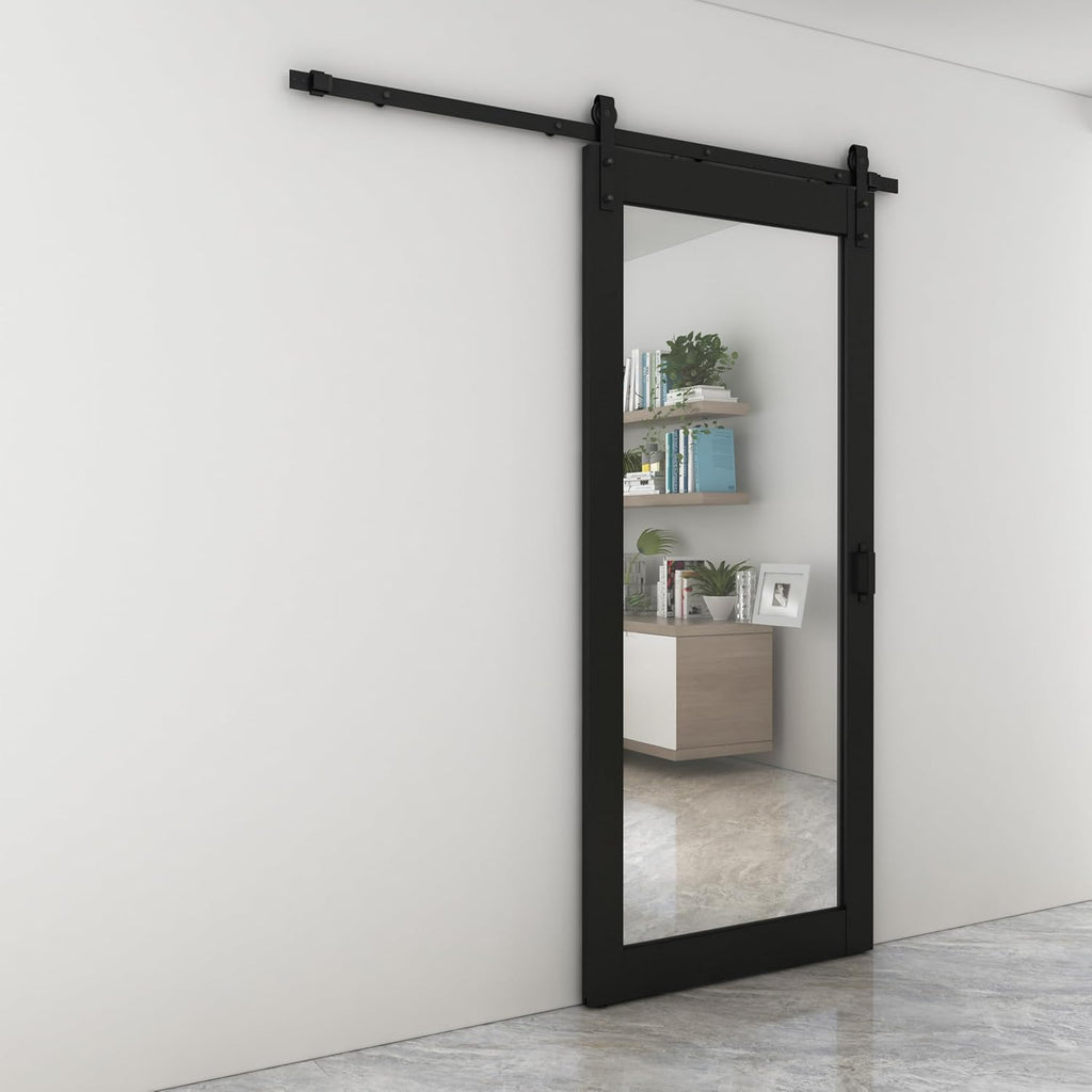 36 in. x 84 in. Mirrored Glass Black MDF Interior Sliding Barn Door with Hardware Kit and Door Handl