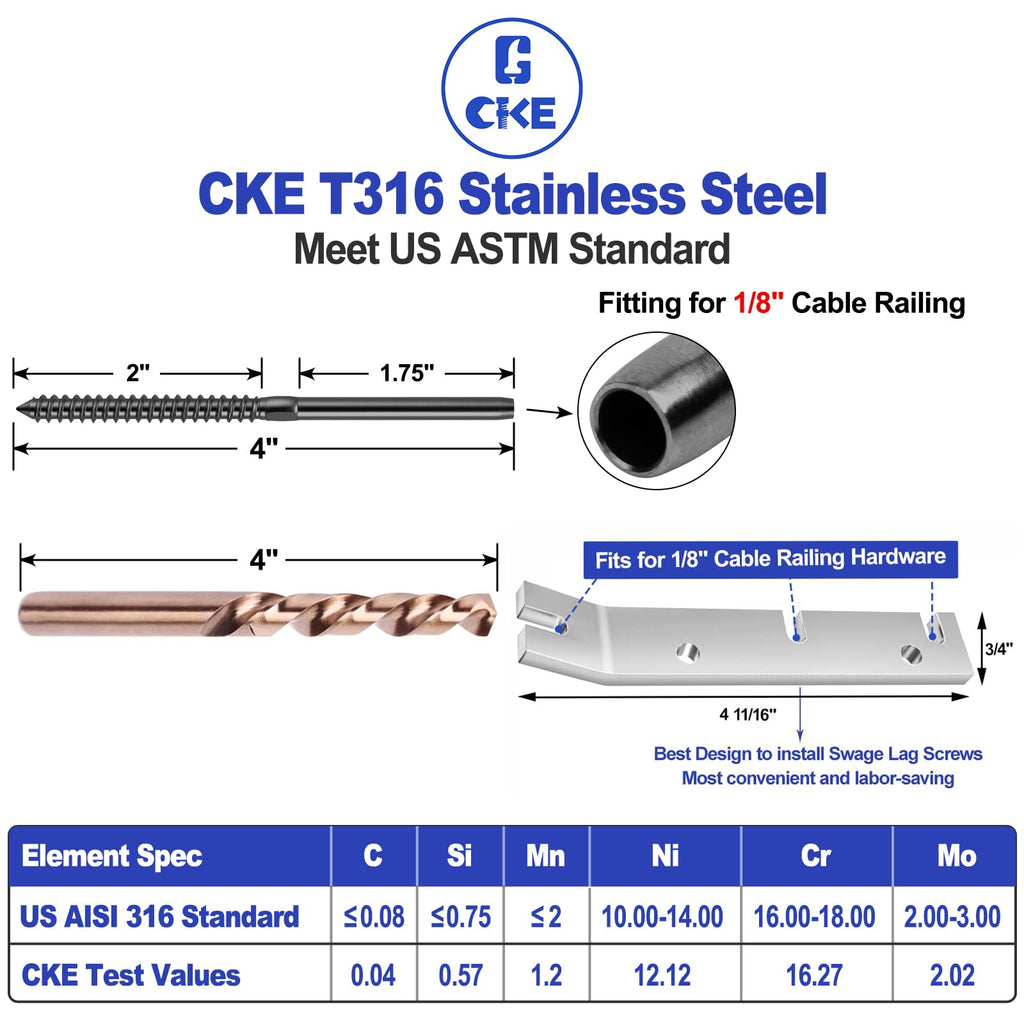 100 Pack Black T316 Stainless Steel Left&Right Handed Thread Swage Lag Screws for Wood Post 1/8" Black Cable Deck