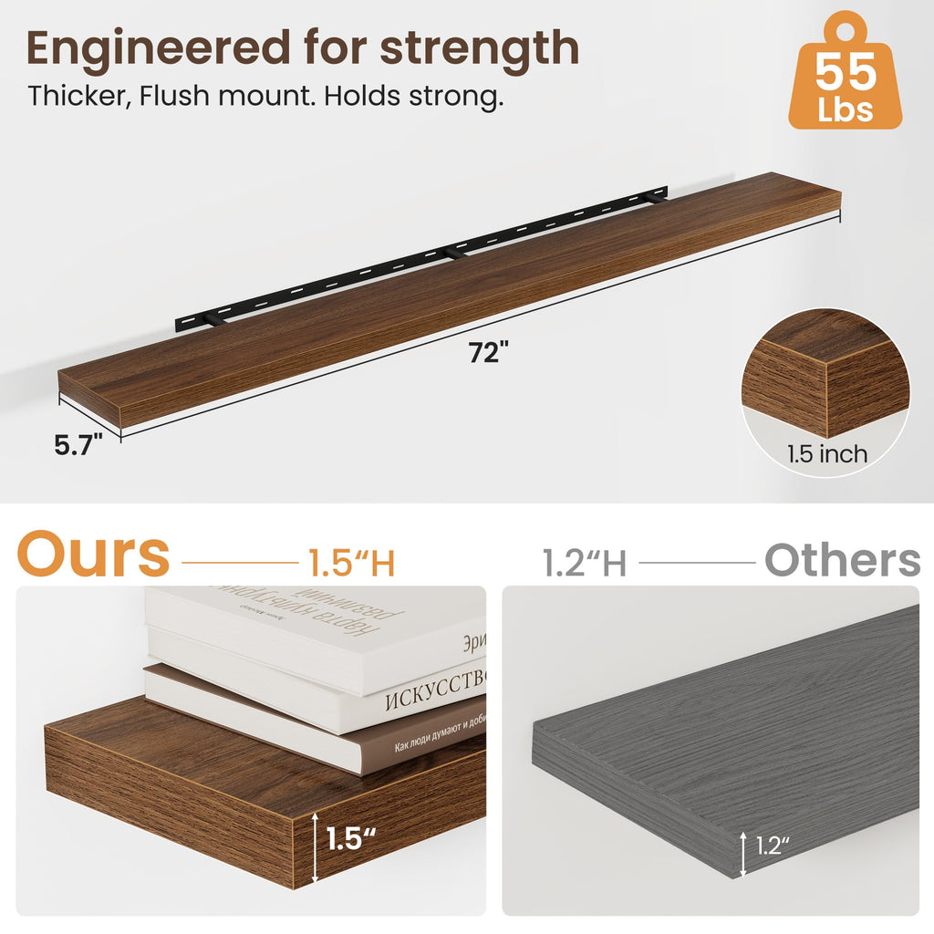 72 Inch Floating Shelves for Wall 2 Pack, Wood Wall Bathroom Shelves