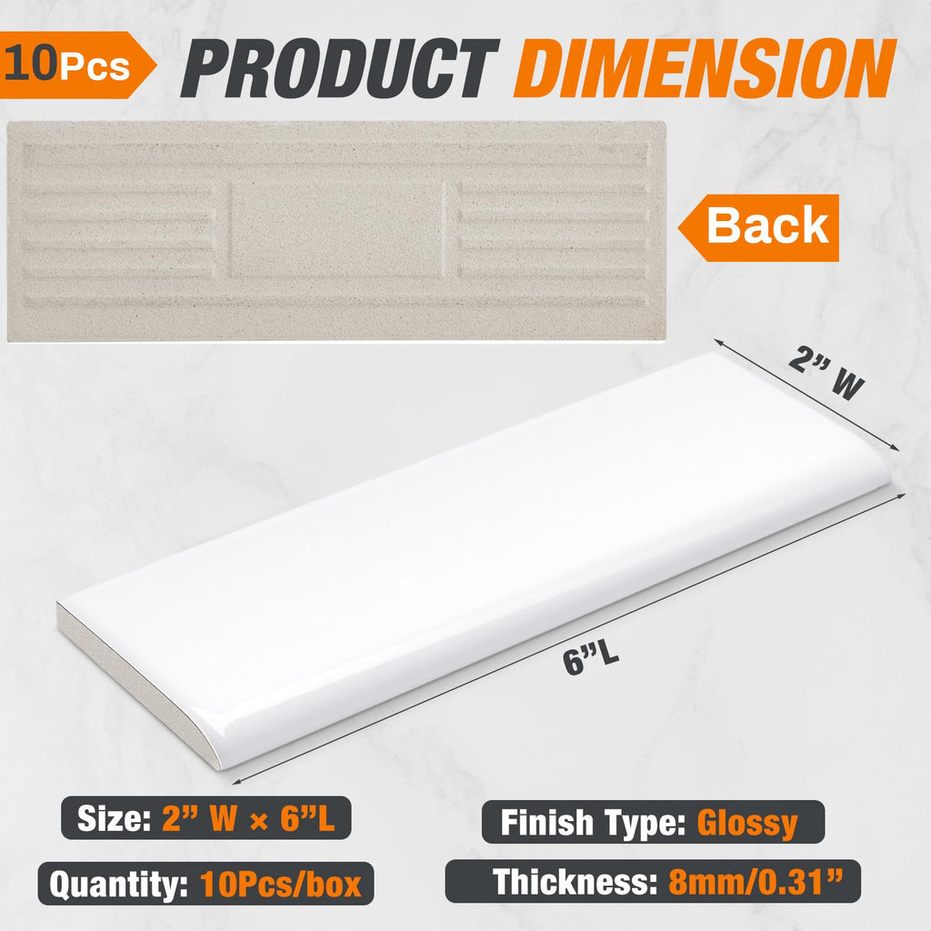 10 Pcs White Ceramic Bullnose Trim, 2 x 6 in Glossy Subway Tile