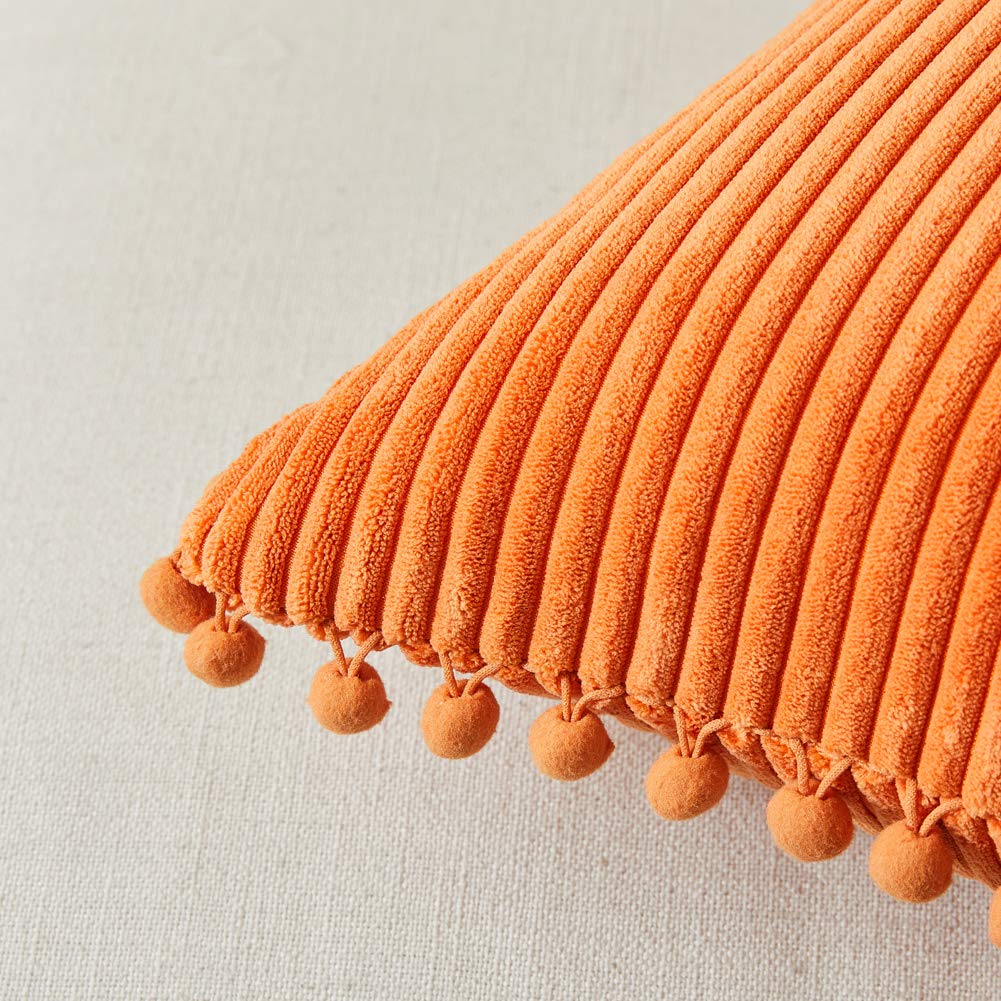 Pack of 2 Corduroy Fall Decorative Throw Pillow Covers with Pom-poms, Solid Square Cushion Case Pillow Cases Set for