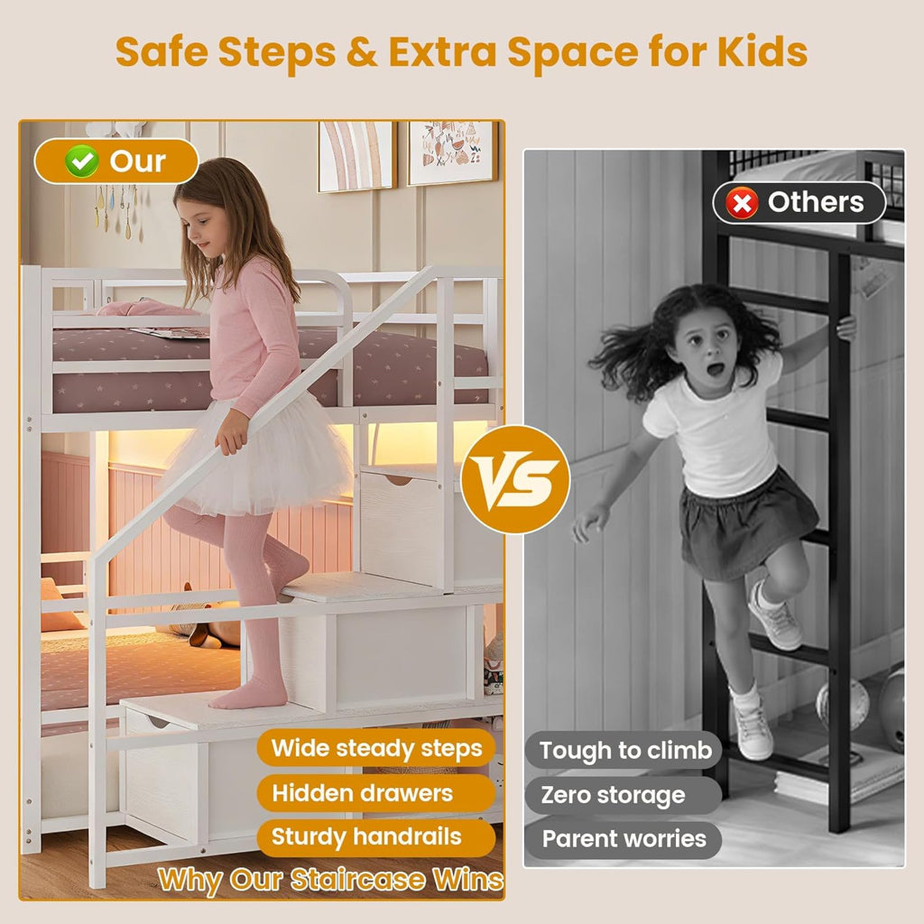 Low Bunk Bed Twin Over Twin with Stairs, Storage Drawers & Shelves, RGB LED Lights Metal Floor Bunk with Power Outlet