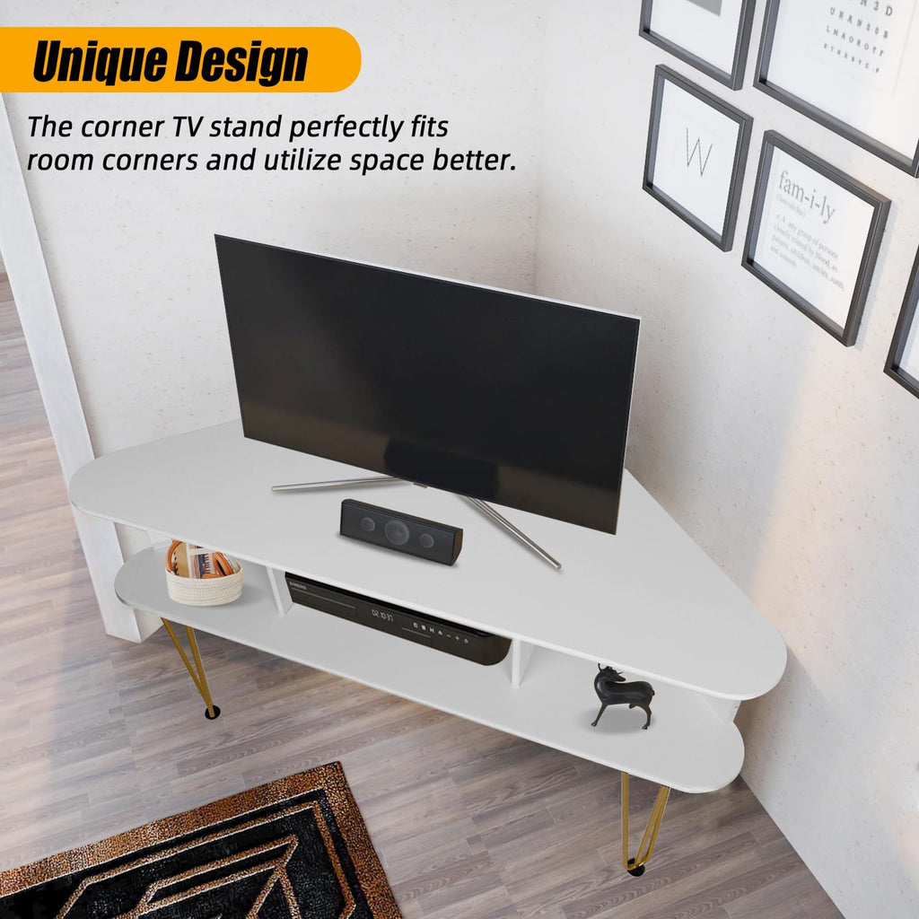 Corner TV Stand for 50 Inch TV, White and Gold Corner Entertainment Center