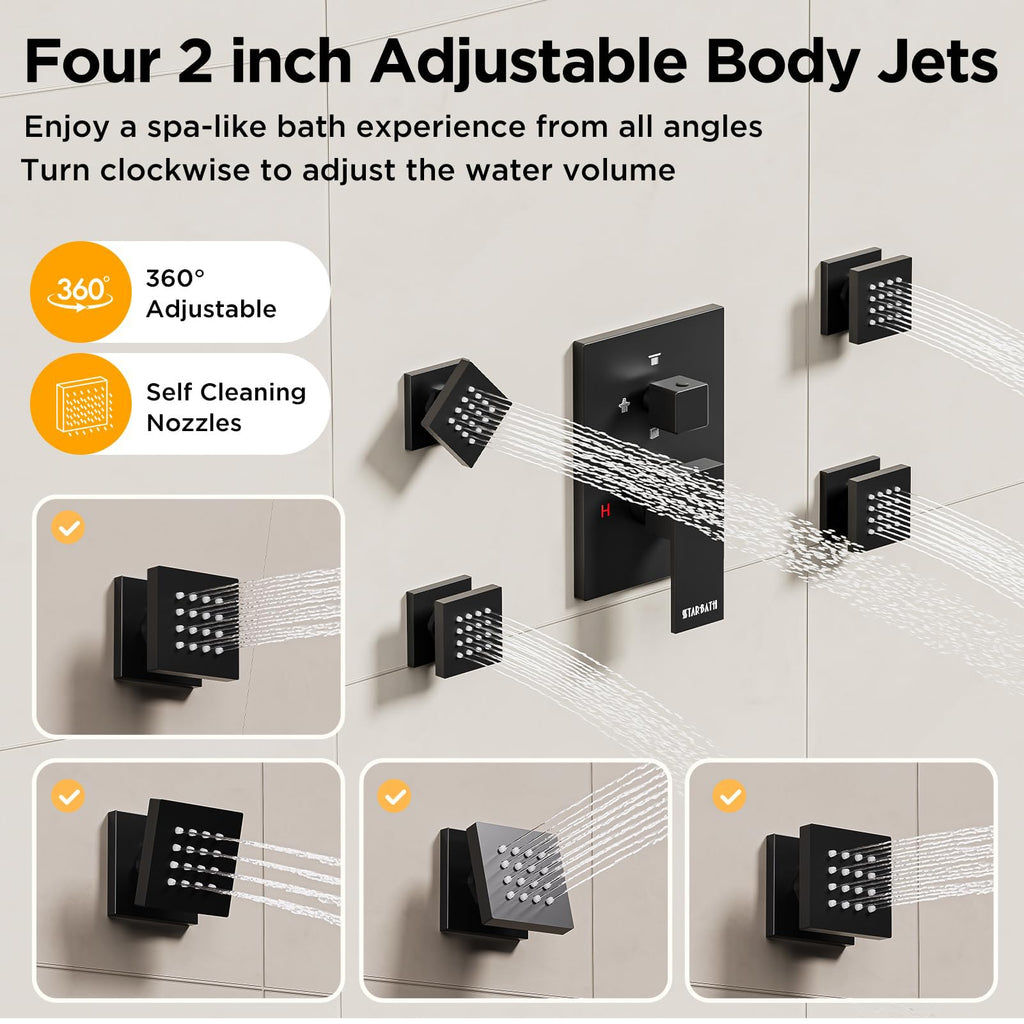 Shower System with Body Jets Matte Black, 4 Way 12+6" Shower Faucet Sets Complete with 2 in 1 Handheld,Ceiling