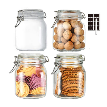 32oz Glass Food Storage Jars with Airtight Clamp Lids, Set of 4 Airtight Glass Canister Square- Clear Storage