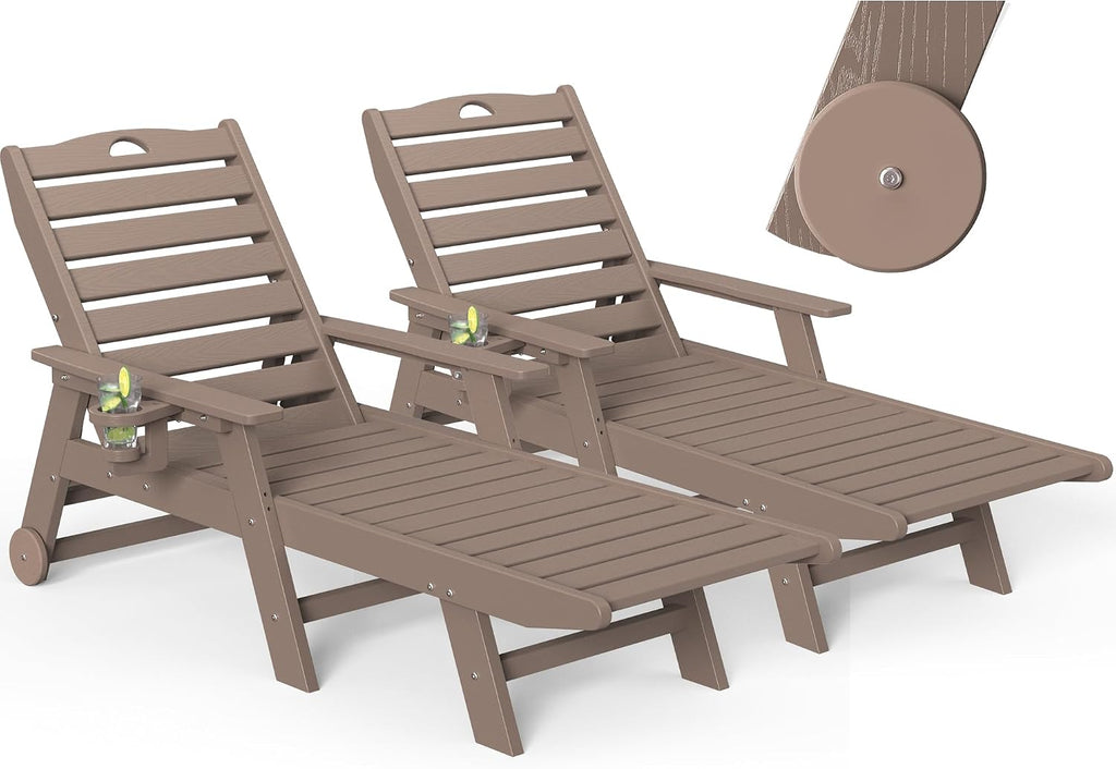 Outdoor Chaise Lounge Chair Set of 2 with Wheels & Cup Holder, HDPE Pool Lounge Chairs with 5-Position Adjustable