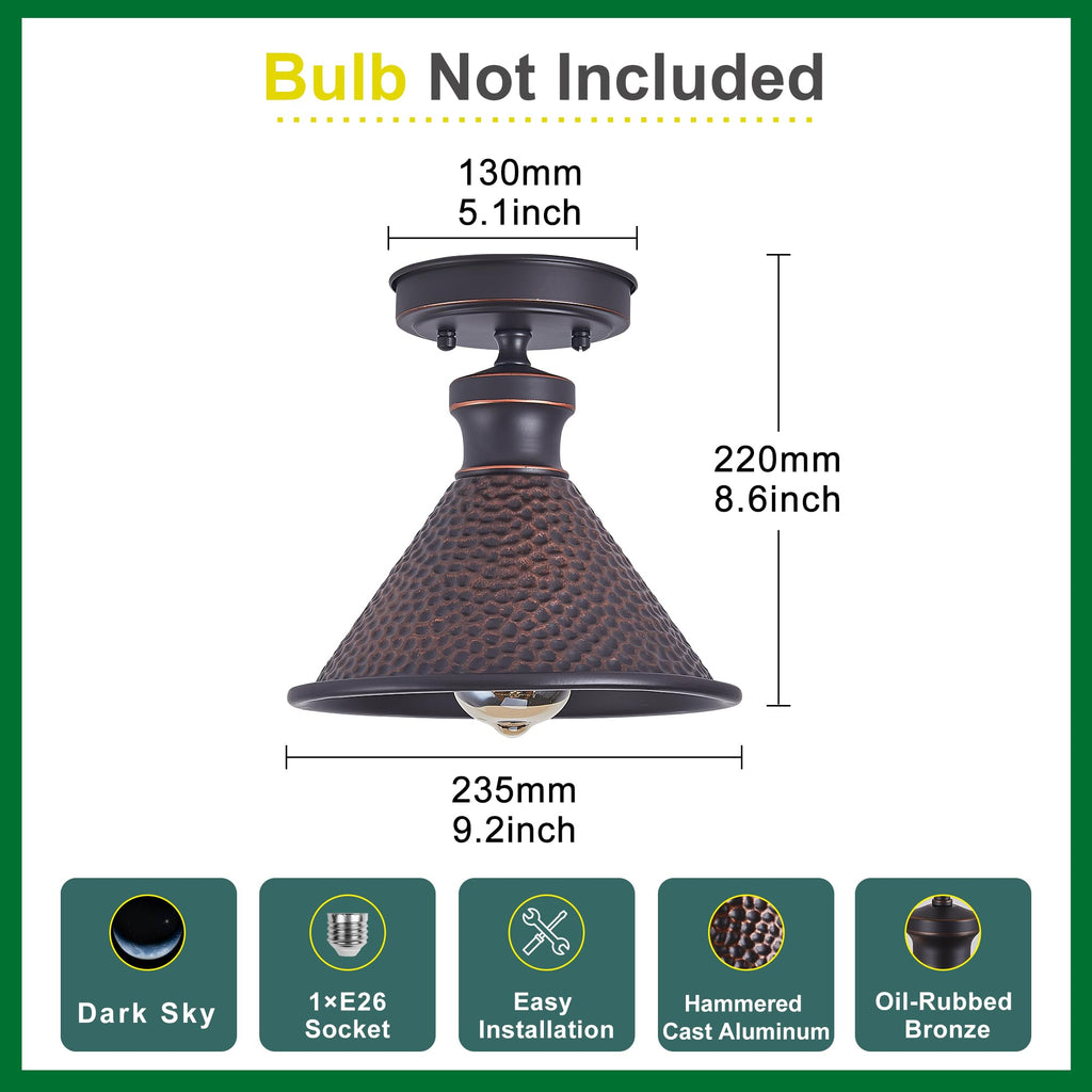 9.2" Industrial Semi Flush Mount Ceiling Light, Vintage Hammered Pattern Cast Aluminum Shade, 1-Light E26 Classic
