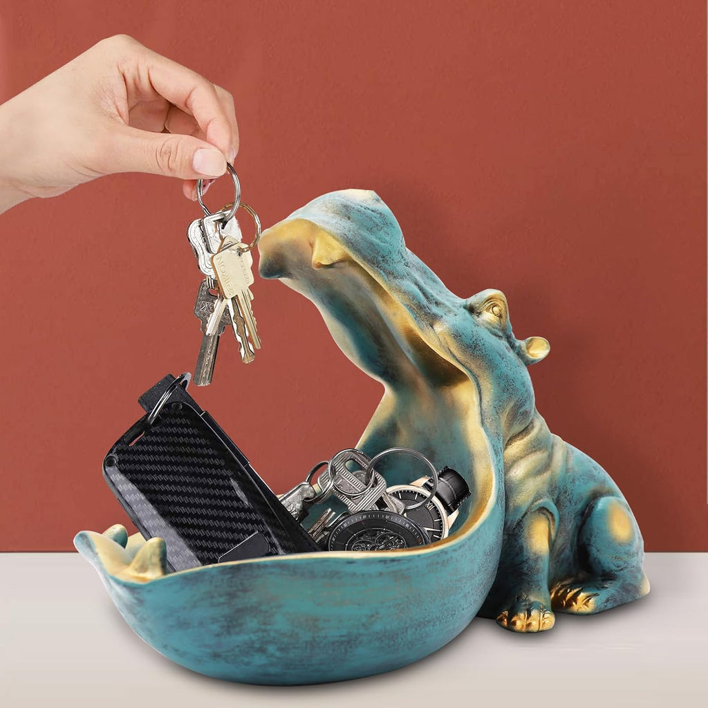 Hippo Statue,Large Hippopotamus Figurine Home Sculpture with Resin, Hippo Candy Jar, Candy Dish Bowl Desk, Key Bowl