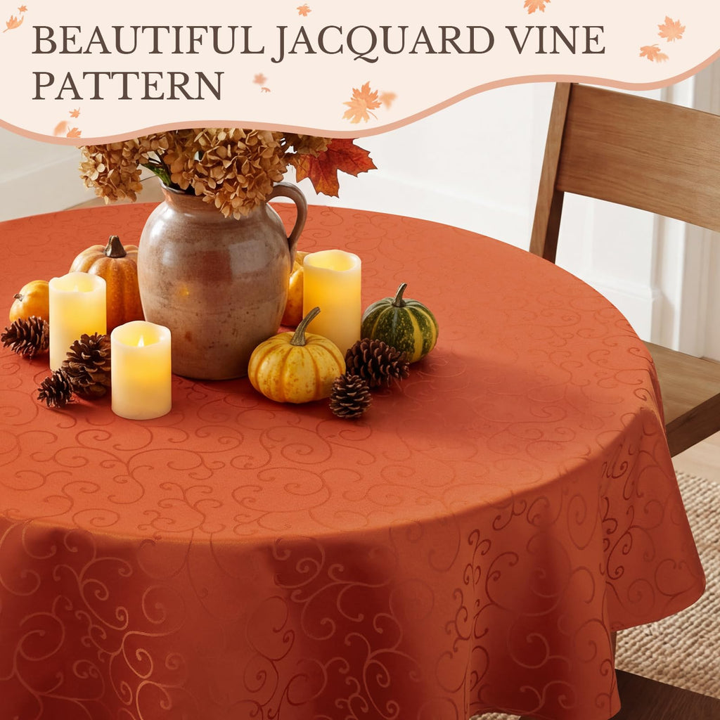 Burnt Orange Jacquard Round Tablecloth, 70 Inch, Fall