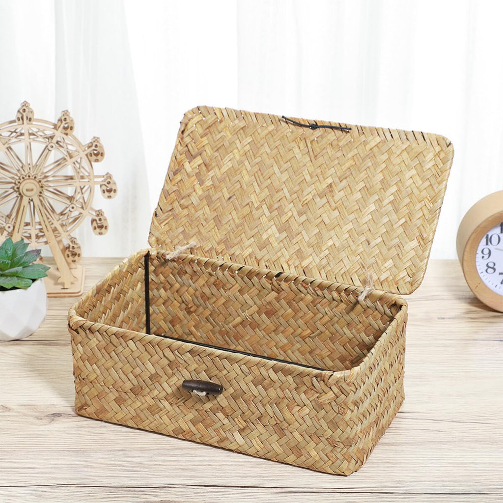 Woven Storage Box Wicker Storage Bins with Lid Seagrass Basket Desktop Hand- Woven Box Shelf Organizer