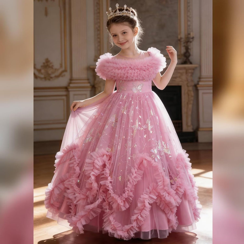 Flower Girl Dress Ruffle Butterfly Embroidery Princess Dress Tiered Tulle Wedding Party Birthday Ball Gown