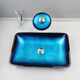 22" Blue Bathroom Vessel Sink,Rectangle Tempered Glass Washing Sink Bowl with Faucet And Drain, Artistic Bowl Sinks