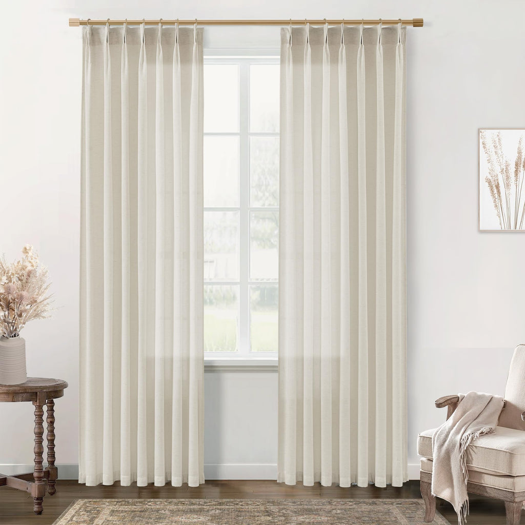 102 Inch Long Oatmeal Pinch Pleated Linen Curtains, Lightweight Semi Sheer Natural Fabric Fiber Color Floor to