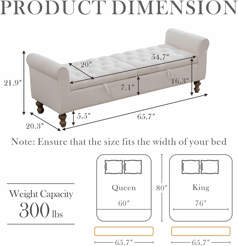 65.7" W Large Storage Ottoman Bench, King Size End of Bed Storage Bench with Wood Legs, Upholstered Window Bench