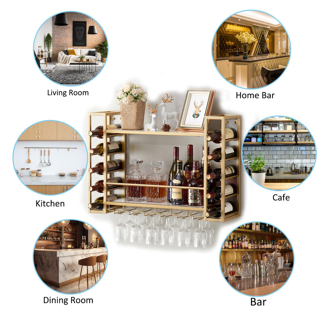 Wall Mounted Wine Rack with Glass Holder, Metal Bottle Holder Wine Storage Display Shelf Bar Dining Room Kitchen