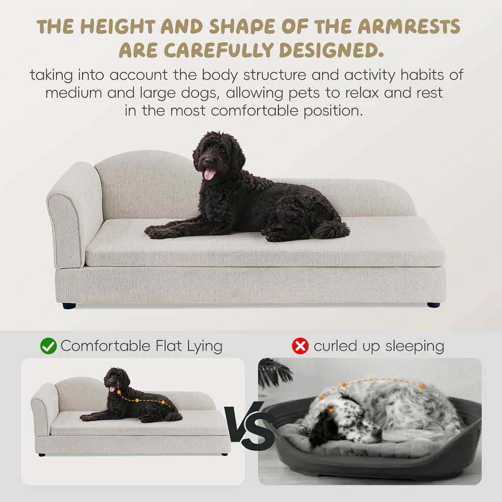 Elevated Dog Couch, Linen Pet Sofa with Wave Backrest & Single Armrest