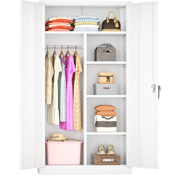 Metal Wardrobe Closet with Doors and Shelves, 72" Armoire Wardrobe Closet for Hanging Clothes, Laundry Room, School