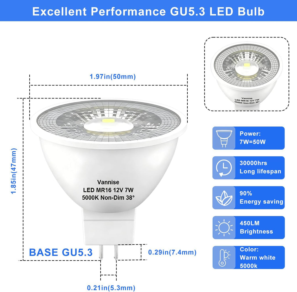 MR16 LED Bulb GU5.3 7W 12V 5000K Non-Dimmable for Landscape Light
