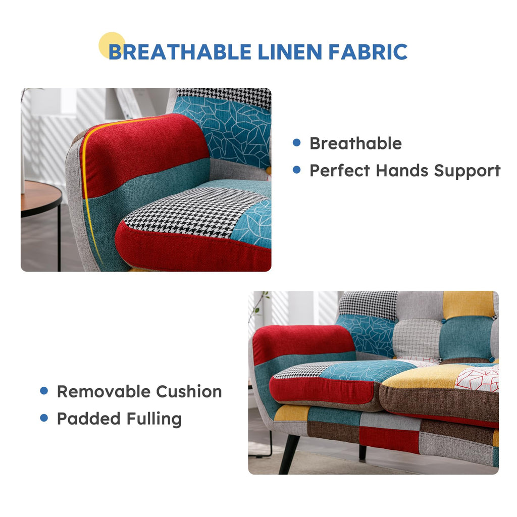 Modern Boho Loveseat Couch Sofa Chair Bedroom, Upholstered Colorful Plaid Fabric 2-Seat Love Seat Sofa with Wood Leg