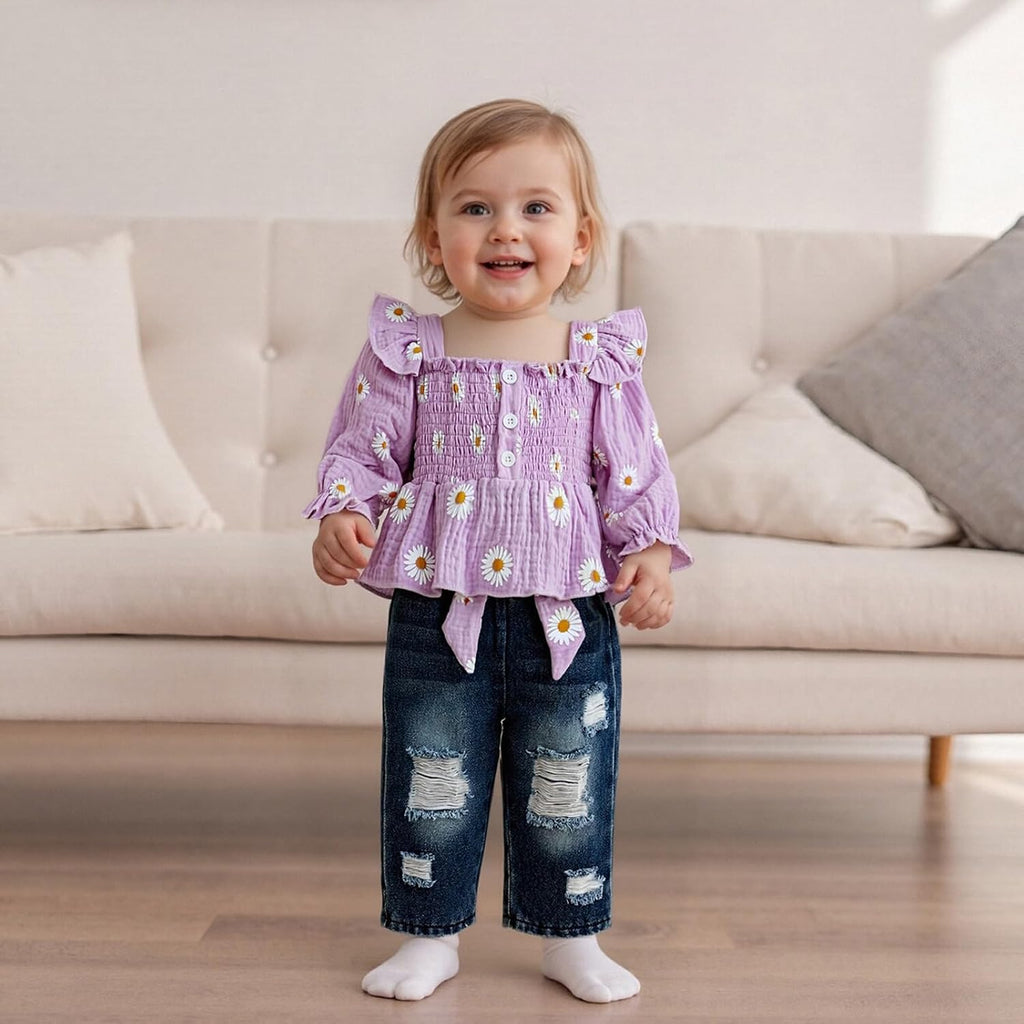 Toddler Baby Girl Clothes Linen Smocked Daisy Flutter Top Jeans Denim Pants Set Little Girls Fall Winter Ruffle Outfit