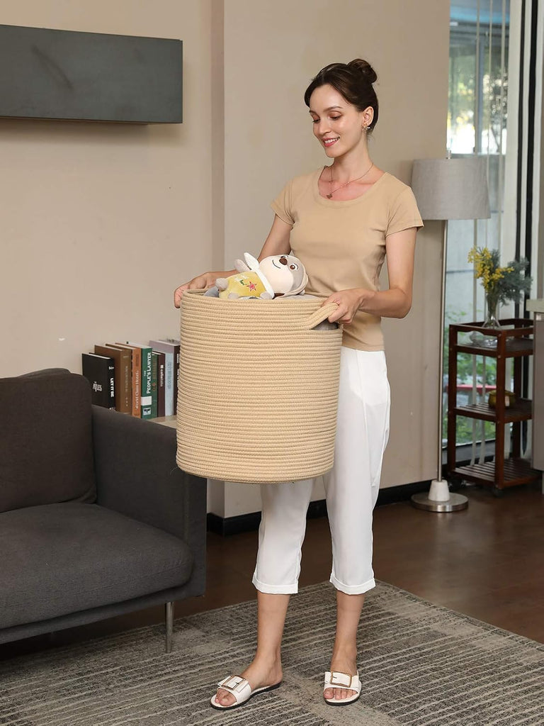 16x18 Inch Extra Large Round Cotton Rope Storage Basket with Lid, Decorative Woven Bin with Cover Bedroom Closet