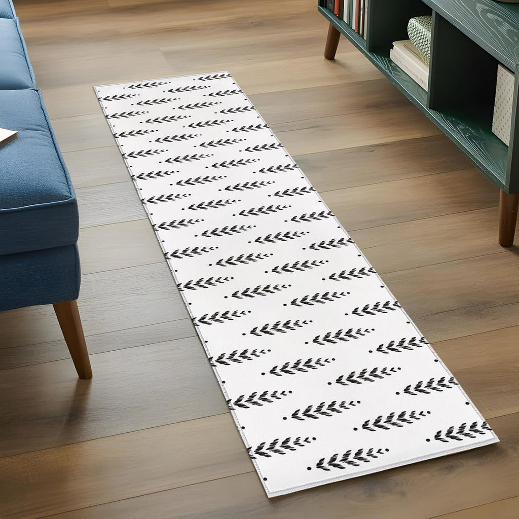 Rectangle Rug,Modern Scandi Botanical Leaves Washable Area Rugs Non-Slip Accent Rug Minimalist Black Leaf on