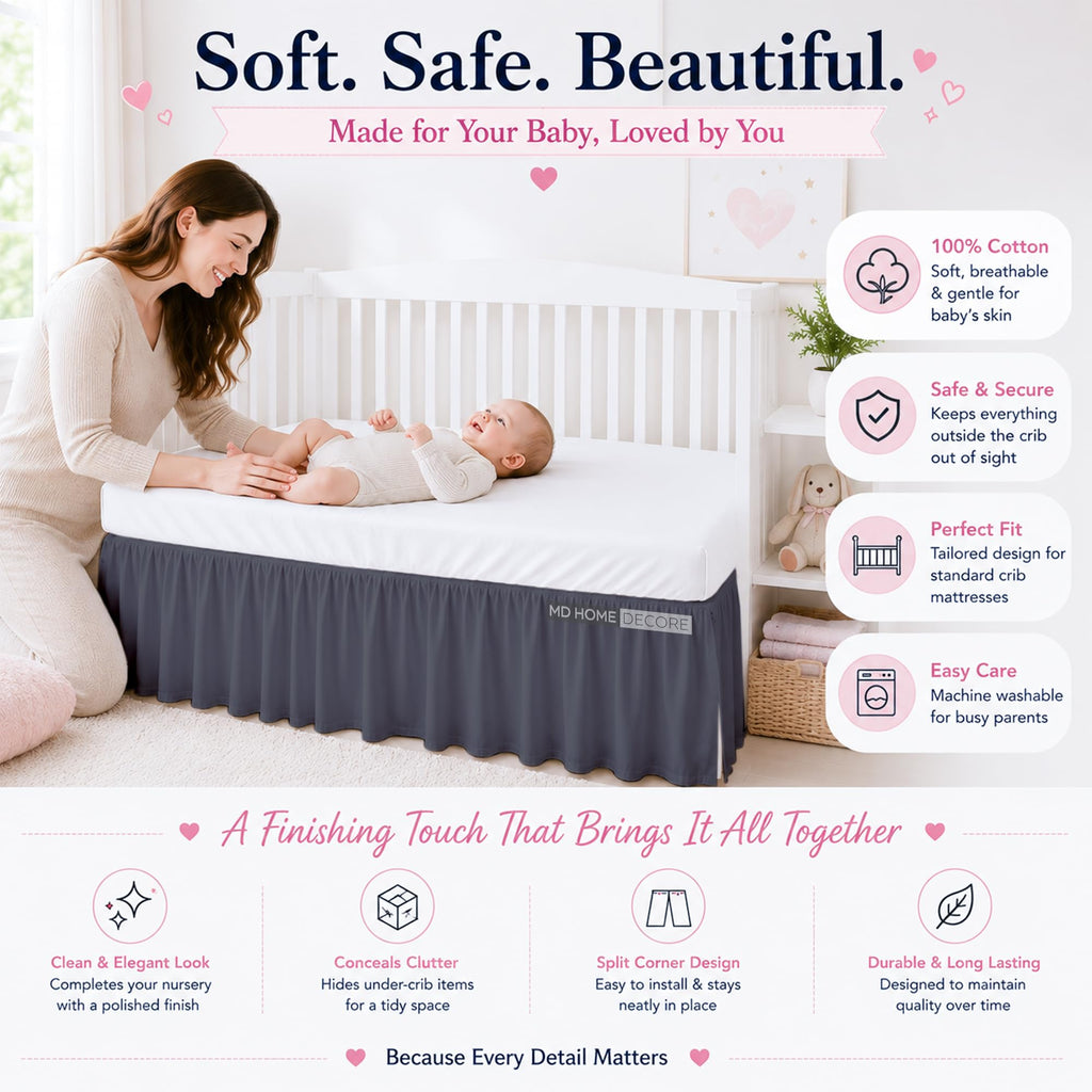 Cotton Crib Bed Skirt Dust Ruffle with Split Corners, 14" Drop, Dark Grey