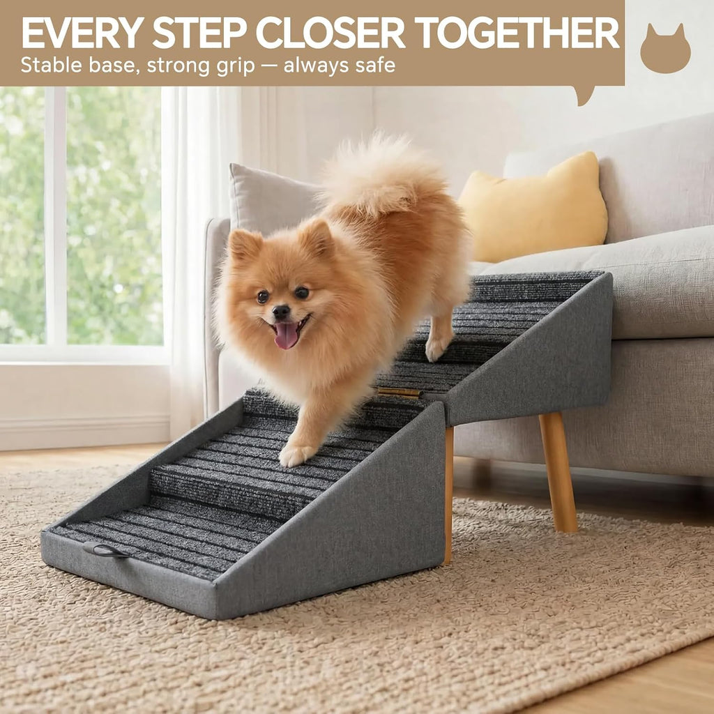 2-in-1 Wooden Pet Stairs & Ottoman 17" H Foldable Dog Ramp with Solid Wood Frame & Tech Cloth Surface Pet Footstool