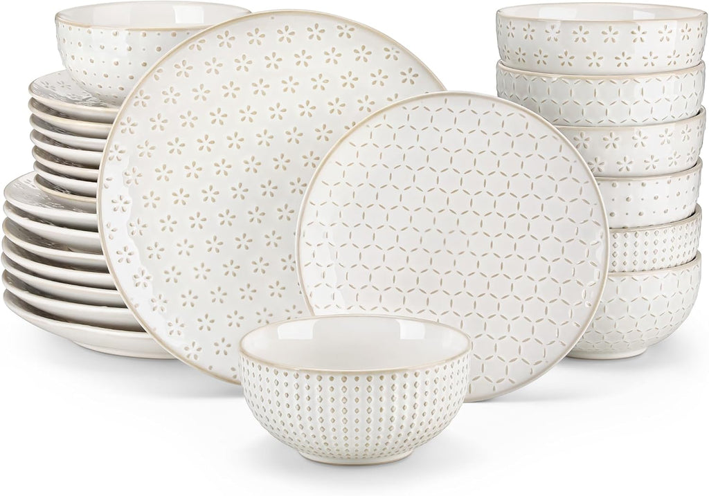 24 Piece Dinnerware Set, Embossed Ceramic Dish Sets Service for 8, Plates and Bowls Set