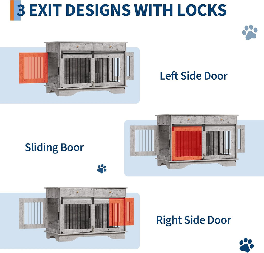 47" Dog Crate Furniture for 2 Dogs, Double Dog Kennel with Removable Divider & 2 Drawers, Decorative TV Stand Side