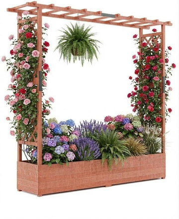 Raised Wooden Garden Bed with Trellis, Large Planter Box with Side Trellis & Hanging Roof, Weatherproof Wood Elevated