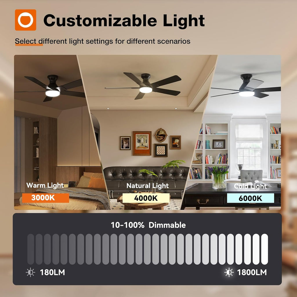 Ceiling Fans with Lights, 52 inch Low Profile Ceiling Fan with Light and Remote Control, Flush Mount, Reversible, 3CCT, Dimmable, Noiseless, Black Ceiling Fan for Bedroom, Indoor/Outdoor Use A103-B0CLNJNKMW