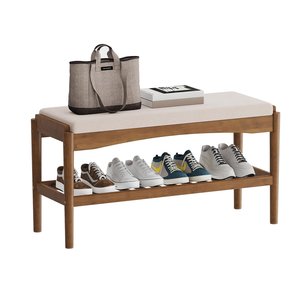 Shoe Bench Entryway Bamboo 2-Tier Shoe Rack with Cushion Padded Seat Shoe Bench Organizer Stable for Entry, Hallway