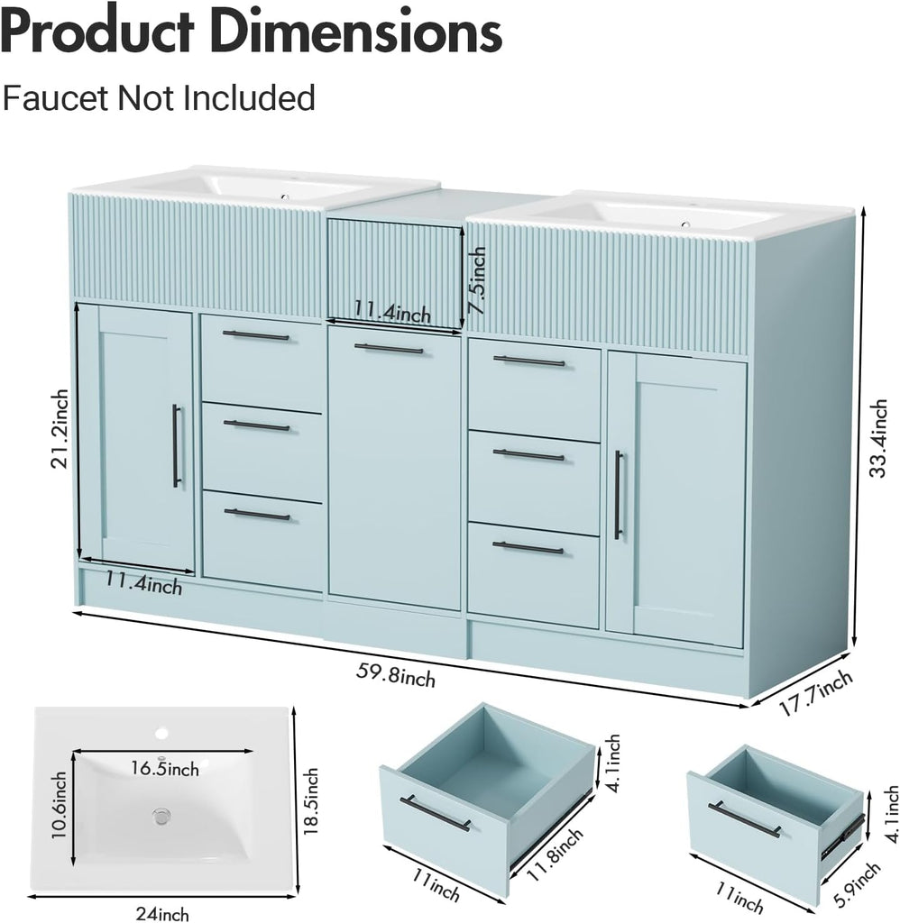 60 Inch Bathroom Vanity with Double-Sink, Freestanding Modern Bathroom Vanity Cabinet with Ceramic Basin