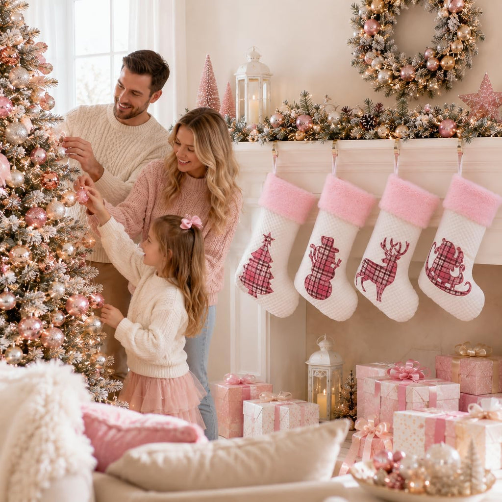 White Pink Buffalo Plaid Embroidered Christmas Stockings Set of 4
