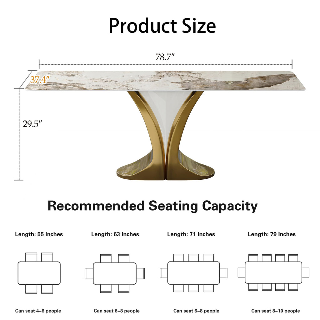 79'' Rectangular Dining Table for 8-10 People, Modern Sintered Stone Kitchen Table Top with Gold Metal Legs, Luxury