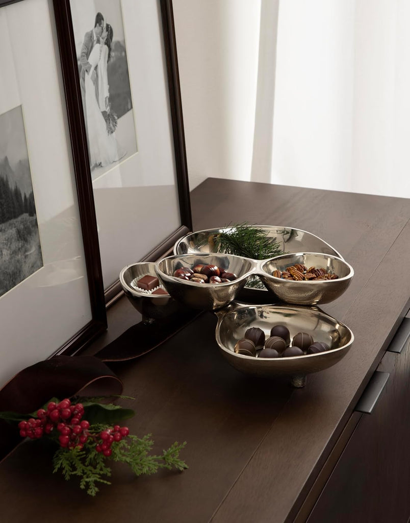 Cluso Modern Metal Tabletop Footed Cluster Tray, 14 x 10, Shiny Silver, Sculptural Cast Aluminum Food-Safe Tray Decor