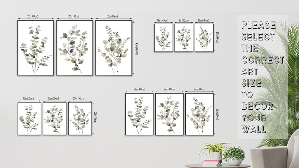 Large Framed Botanical Wall Art - Eucalyptus Leaf Wall Decor Set of 3 Taupe Simple Life Painting Prints