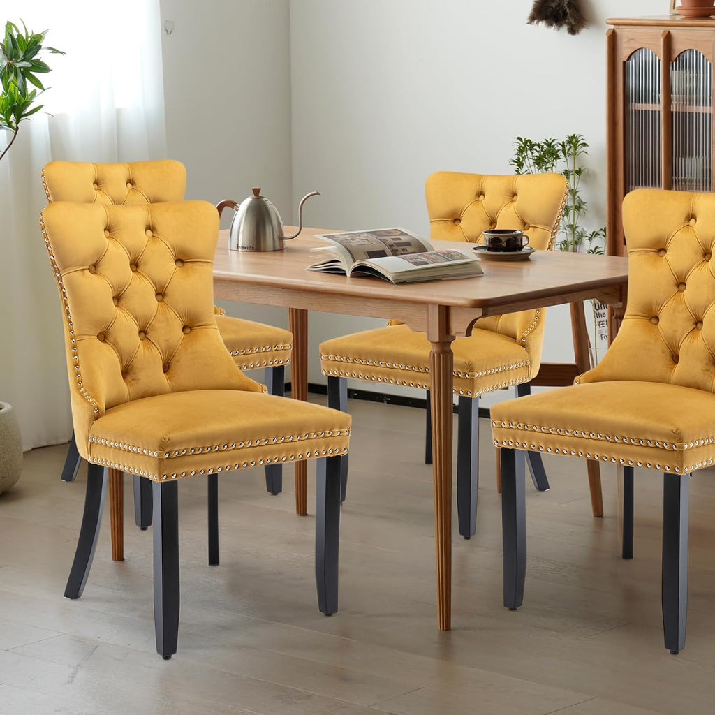 Velvet Dining Chairs Set of 4 Upholstered Tufted Dining Room Chair Kitchen Side Chairs with Nailhead Trim and Wood