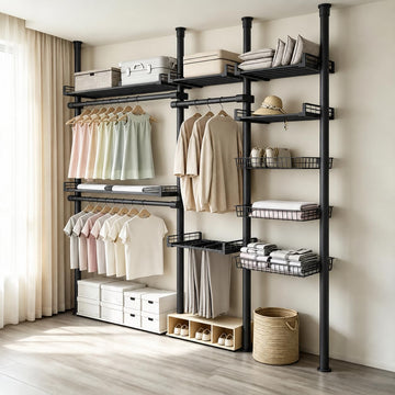 Telescopic Wardrobe Storage Rack, No Drilling Standing Organizer Black