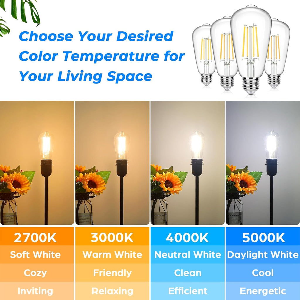 4-Pack Vintage E26 LED Edison Bulbs 100W Equivalent 1400LM High Brightness 8W ST58 LED Filament Light Bulbs 5000K