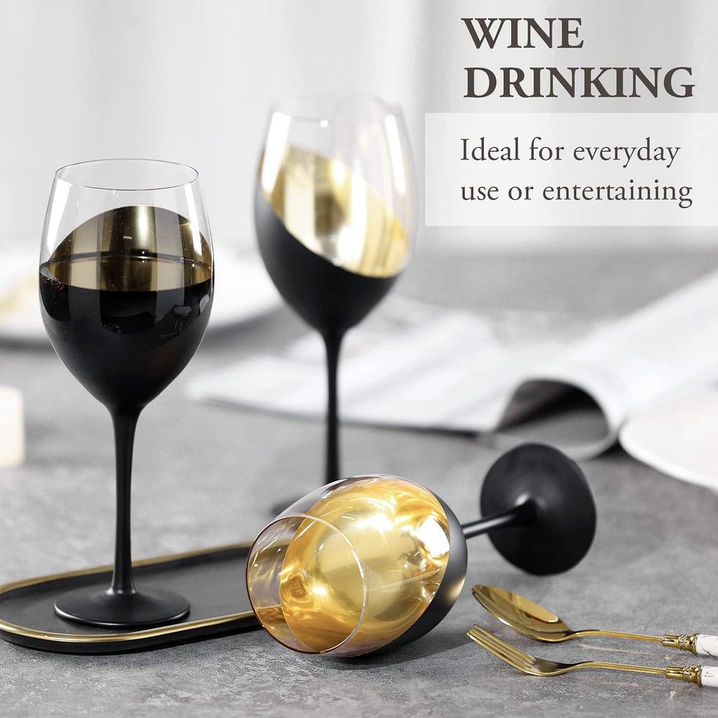 Wine Glasses Set of 4, Red Wine Glasses 14oz, Modern Matte Black & Gold Stemware, Elegant Bar Cups for Weddings