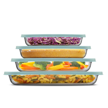 8-Piece Borosilicate Glass Oven Dishes with Powder Blue Lids, Rectangle Deep Glass Baking Dish Set, Baking Pans for